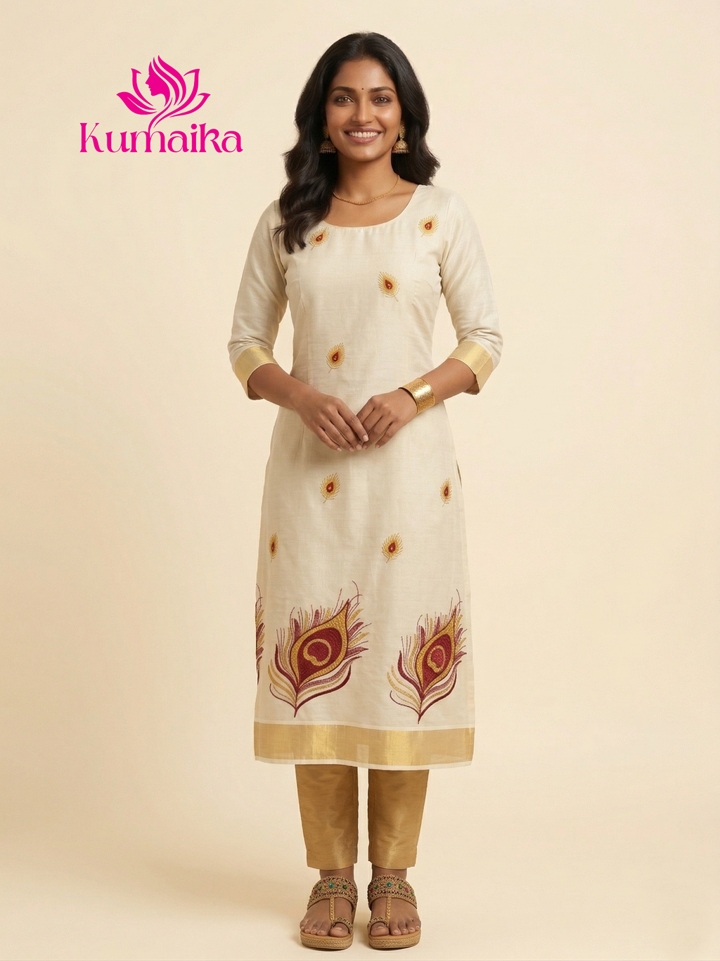 Elegant Peacock Feather theme Kasavu Kurta