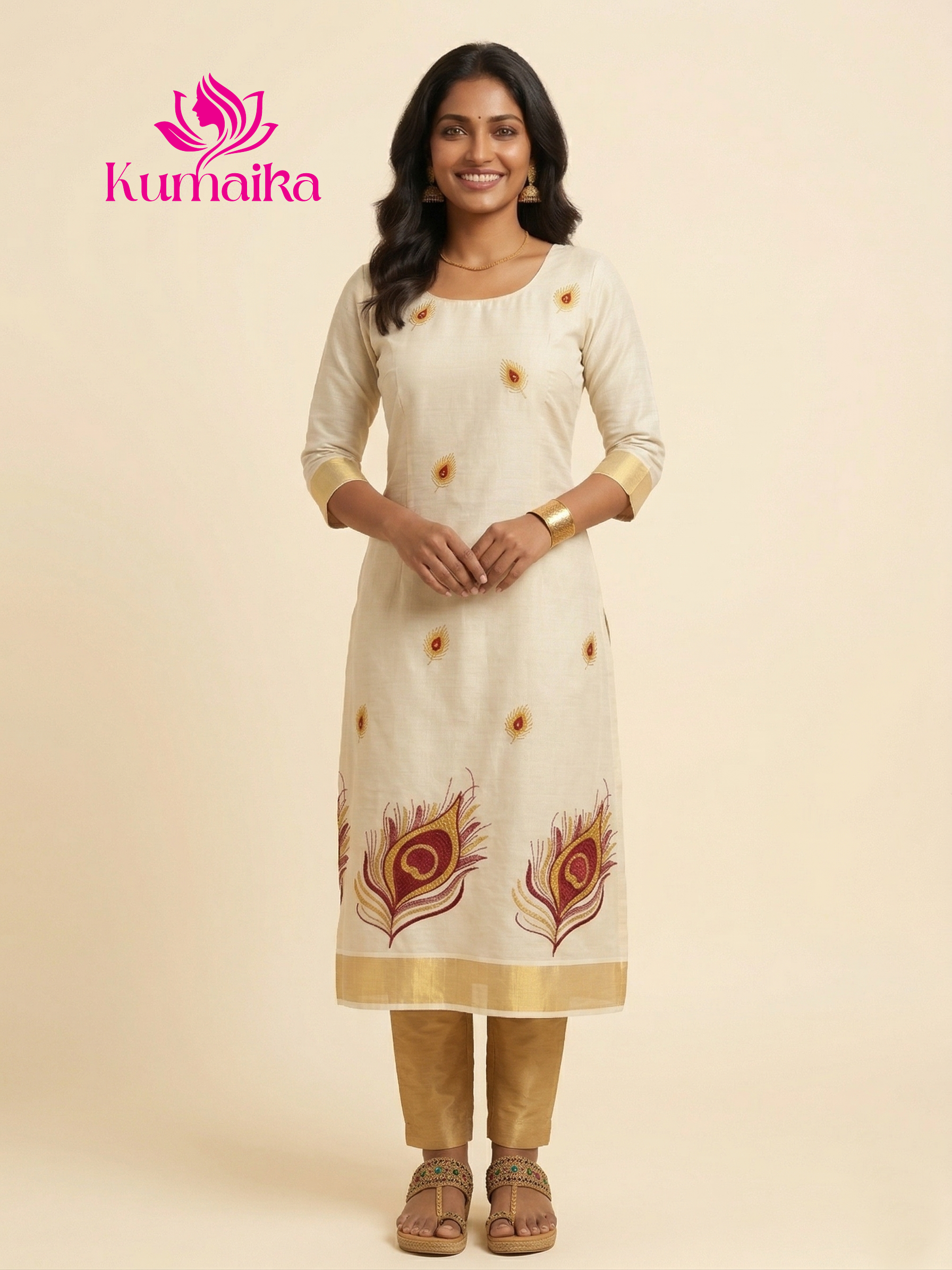 Elegant Peacock Feather theme Kasavu Kurta