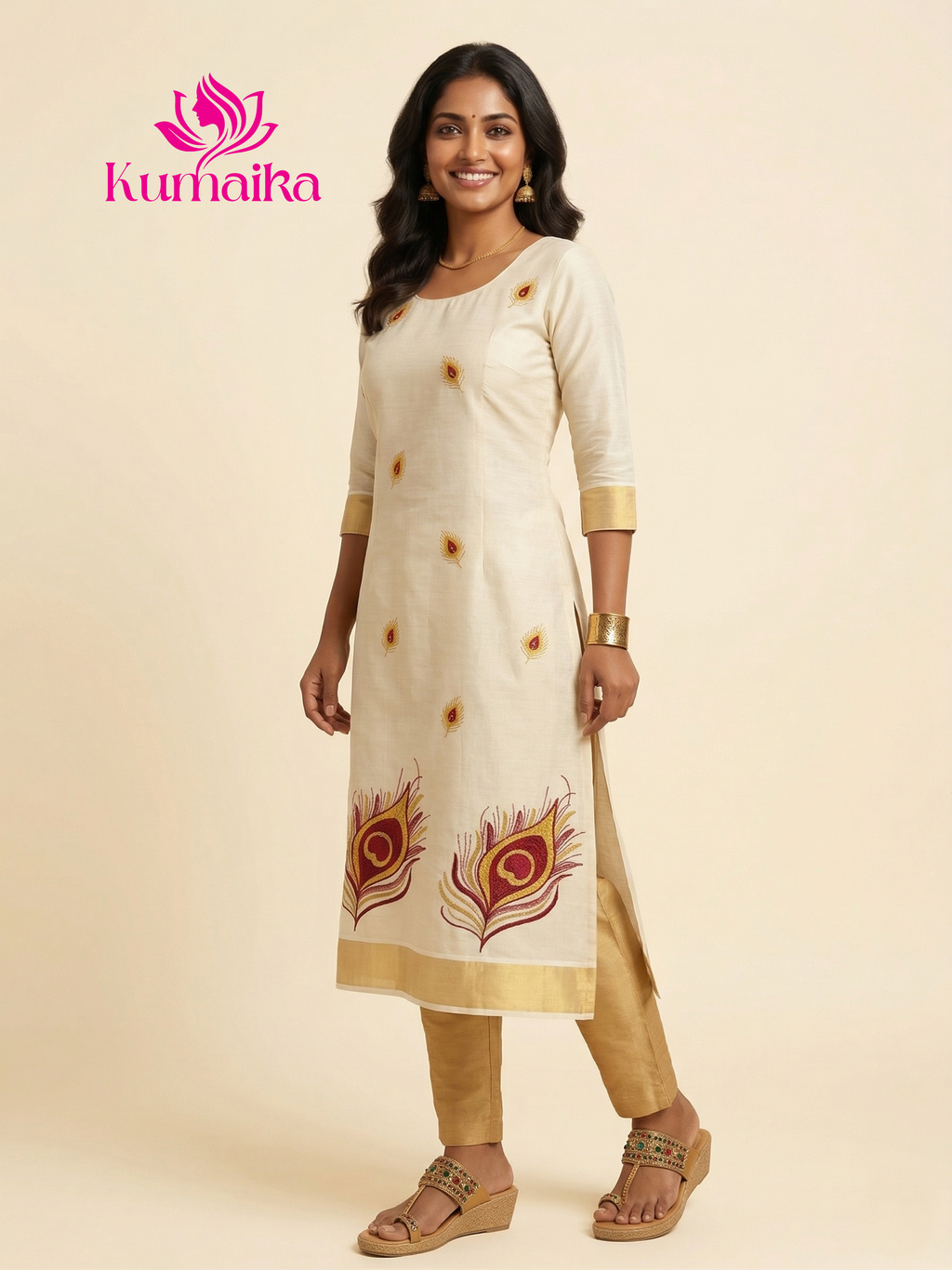 Elegant Peacock Feather theme Kasavu Kurta