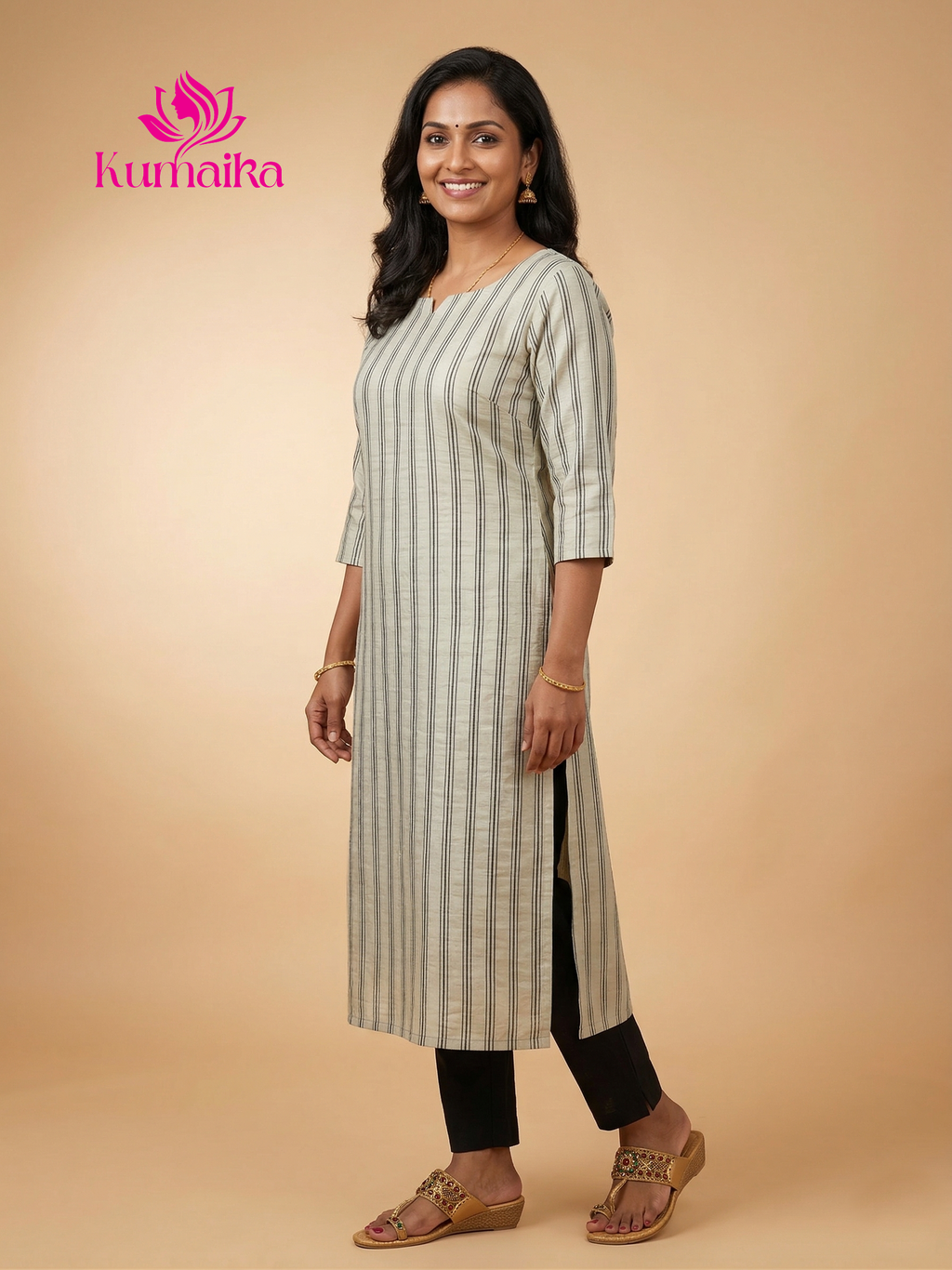 Ashy Beige Striped Straight Kurta