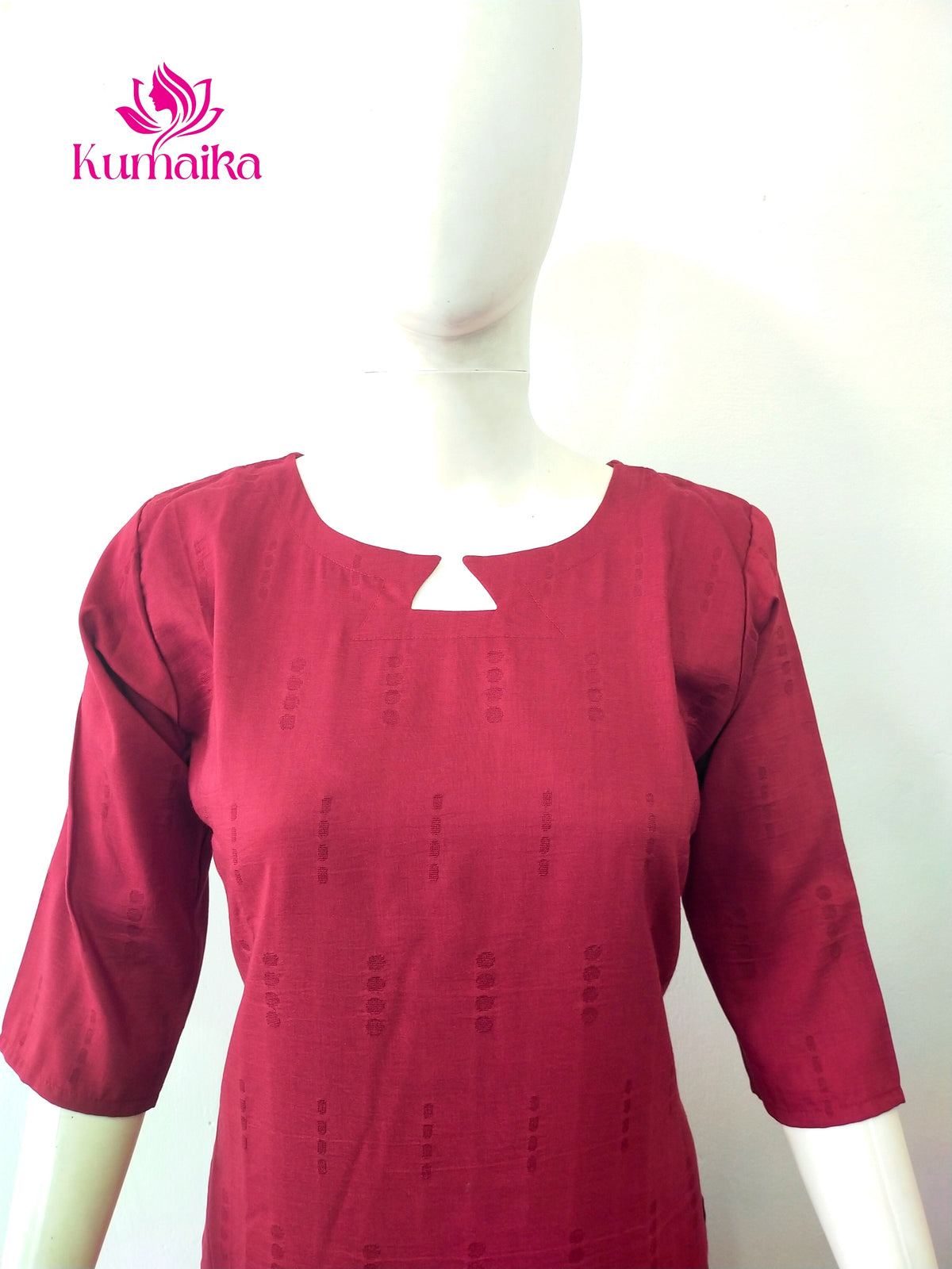 Deep Maroon Textured Kurta with Keyhole Neck