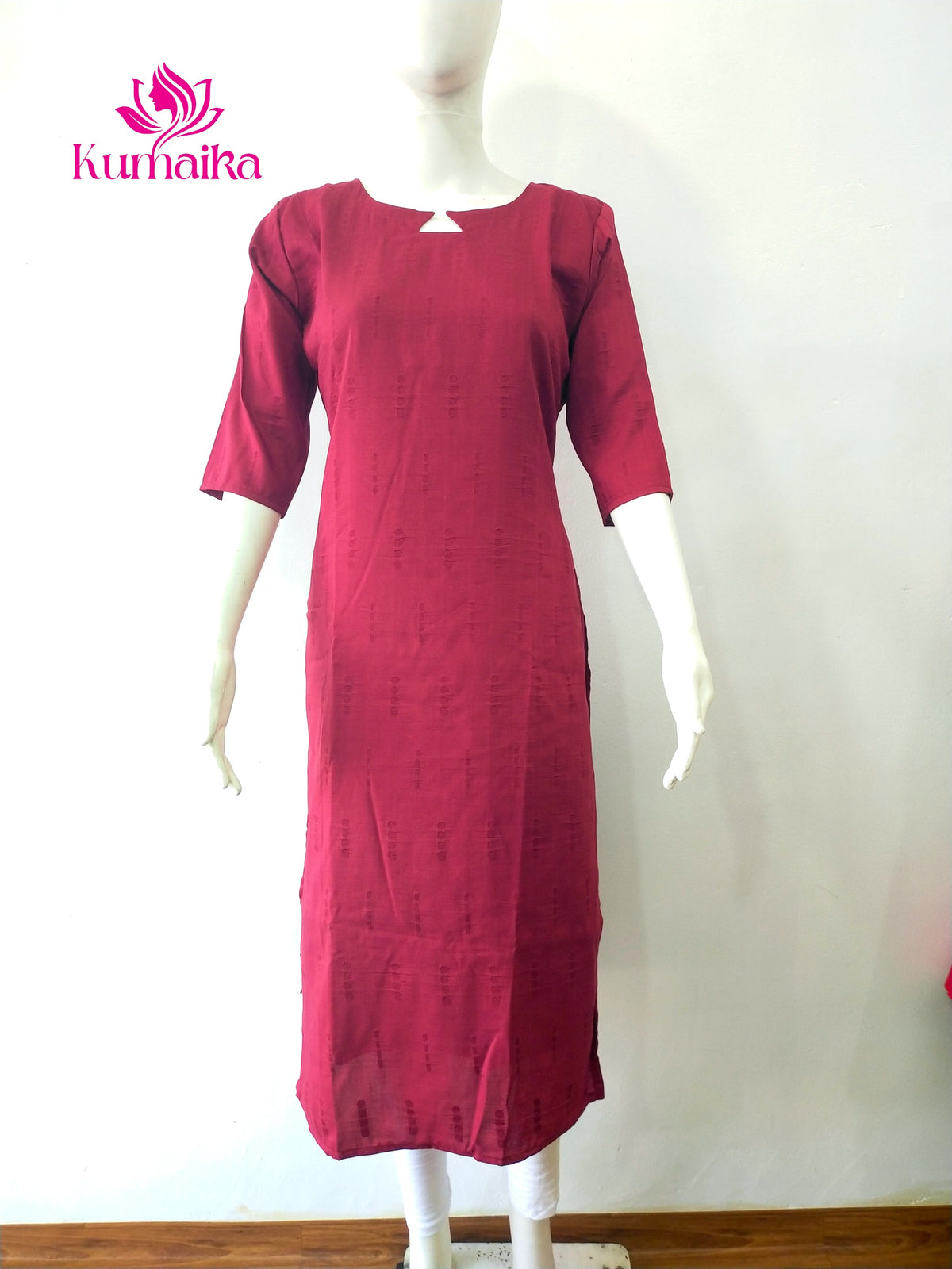 Deep Maroon Textured Kurta with Keyhole Neck