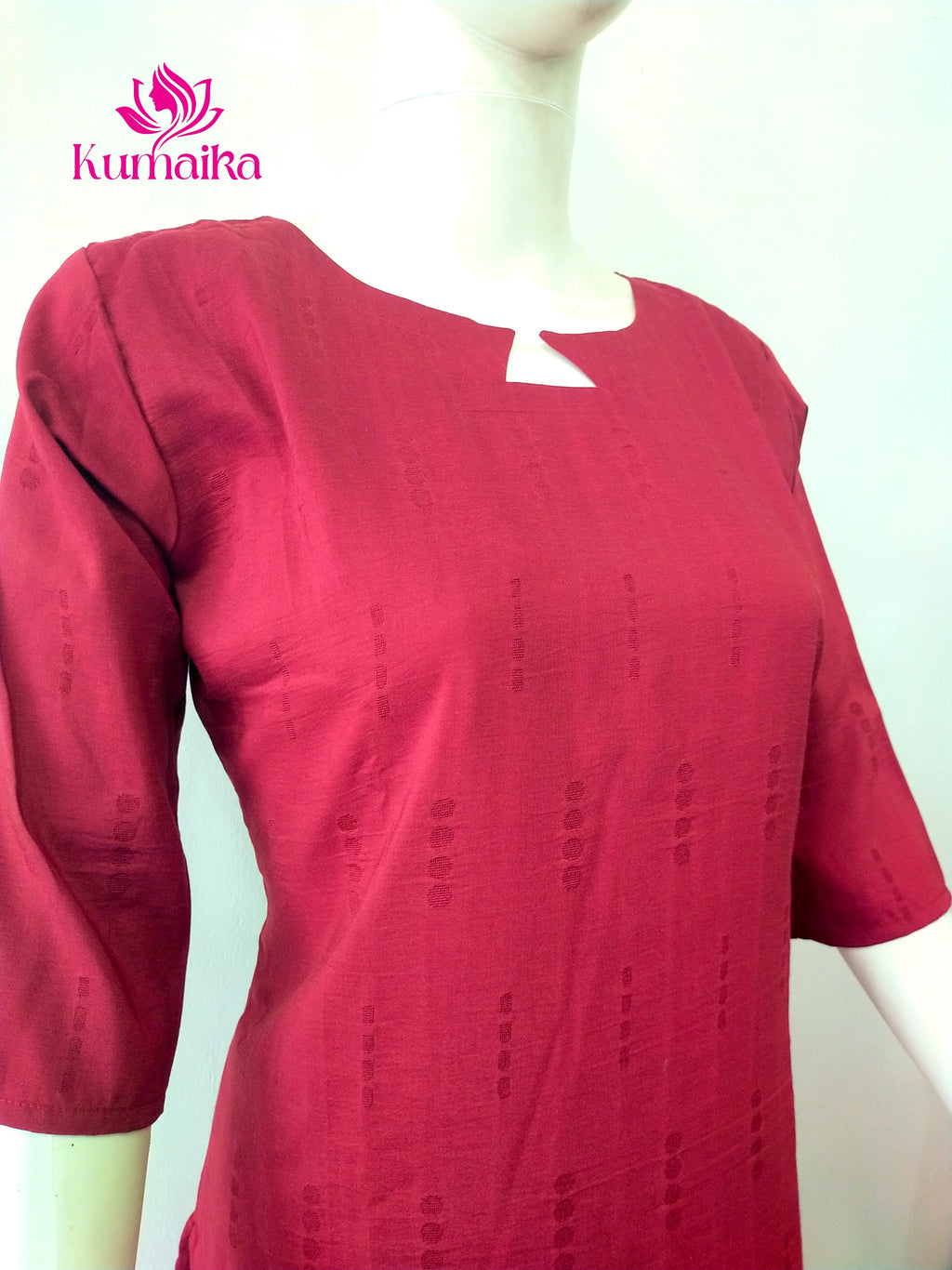 Deep Maroon Textured Kurta with Keyhole Neck