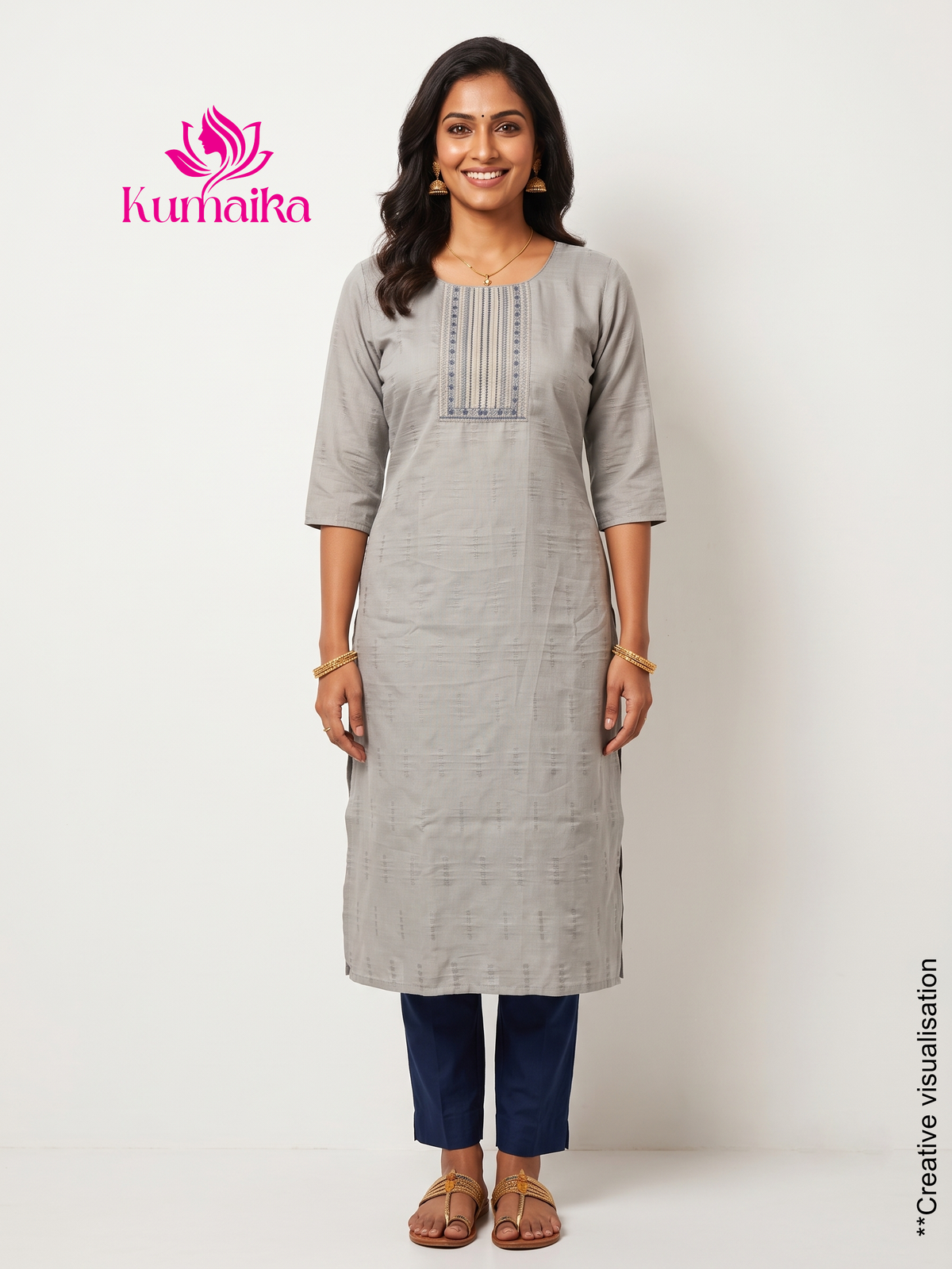 Grey Embroidered Yoke Kurta