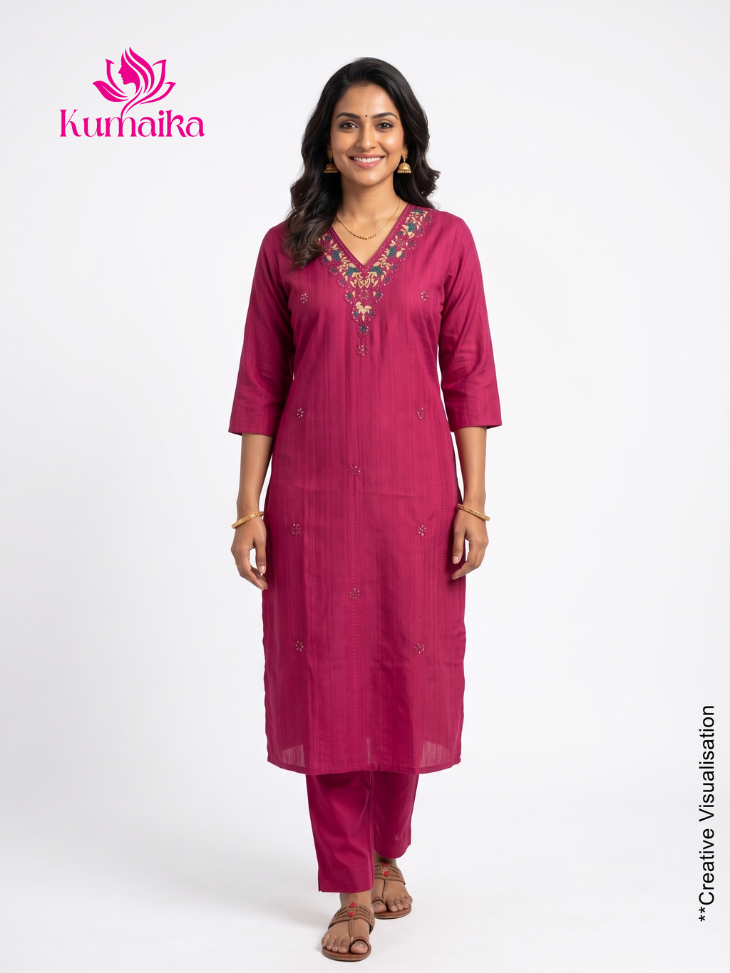 Radiant Magenta Floral Embroidered V-Neck Kurti