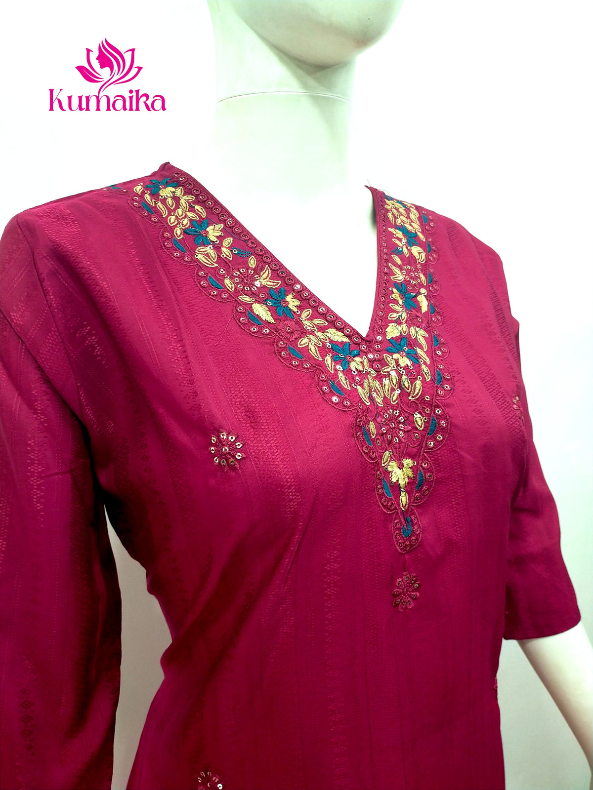 Radiant Magenta Floral Embroidered V-Neck Kurti