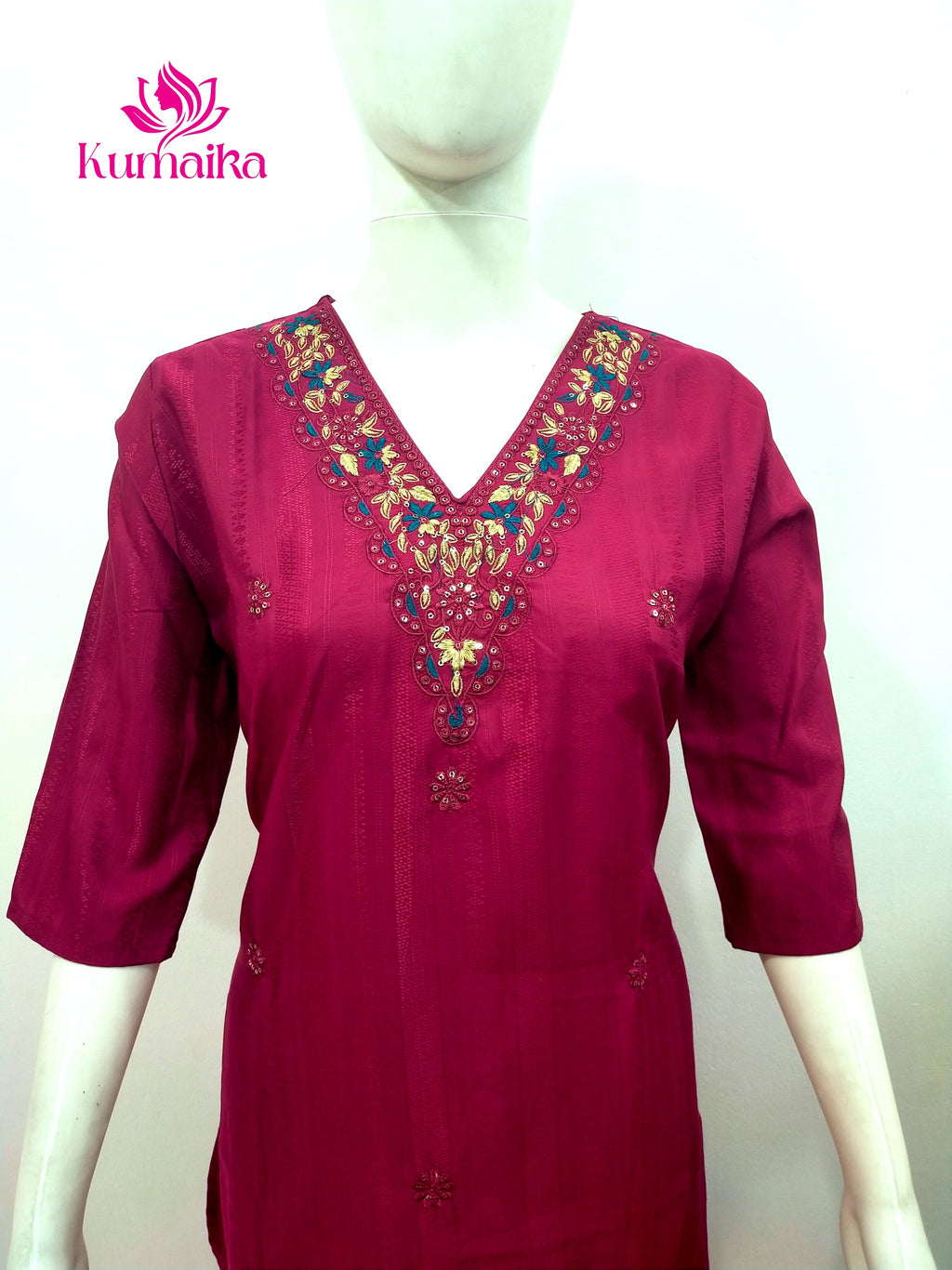 Radiant Magenta Floral Embroidered V-Neck Kurti