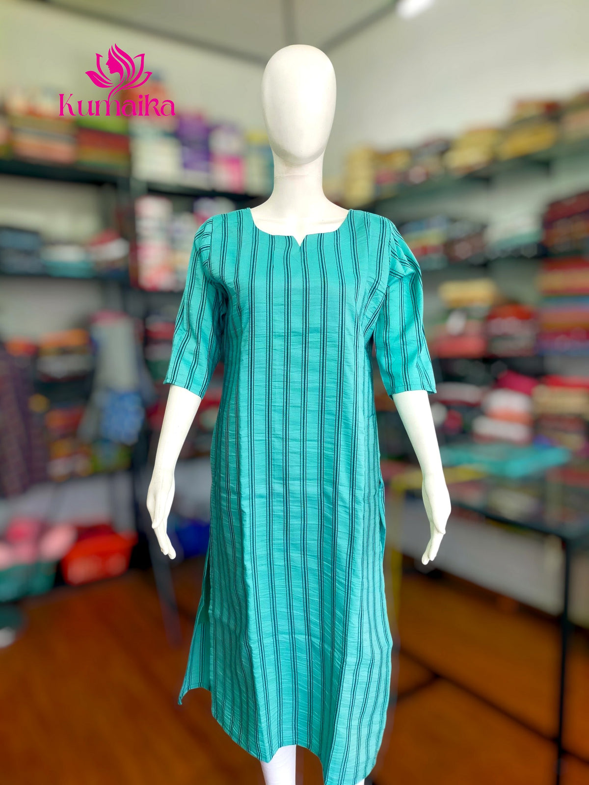 Teal Green Striped Straight Kurta