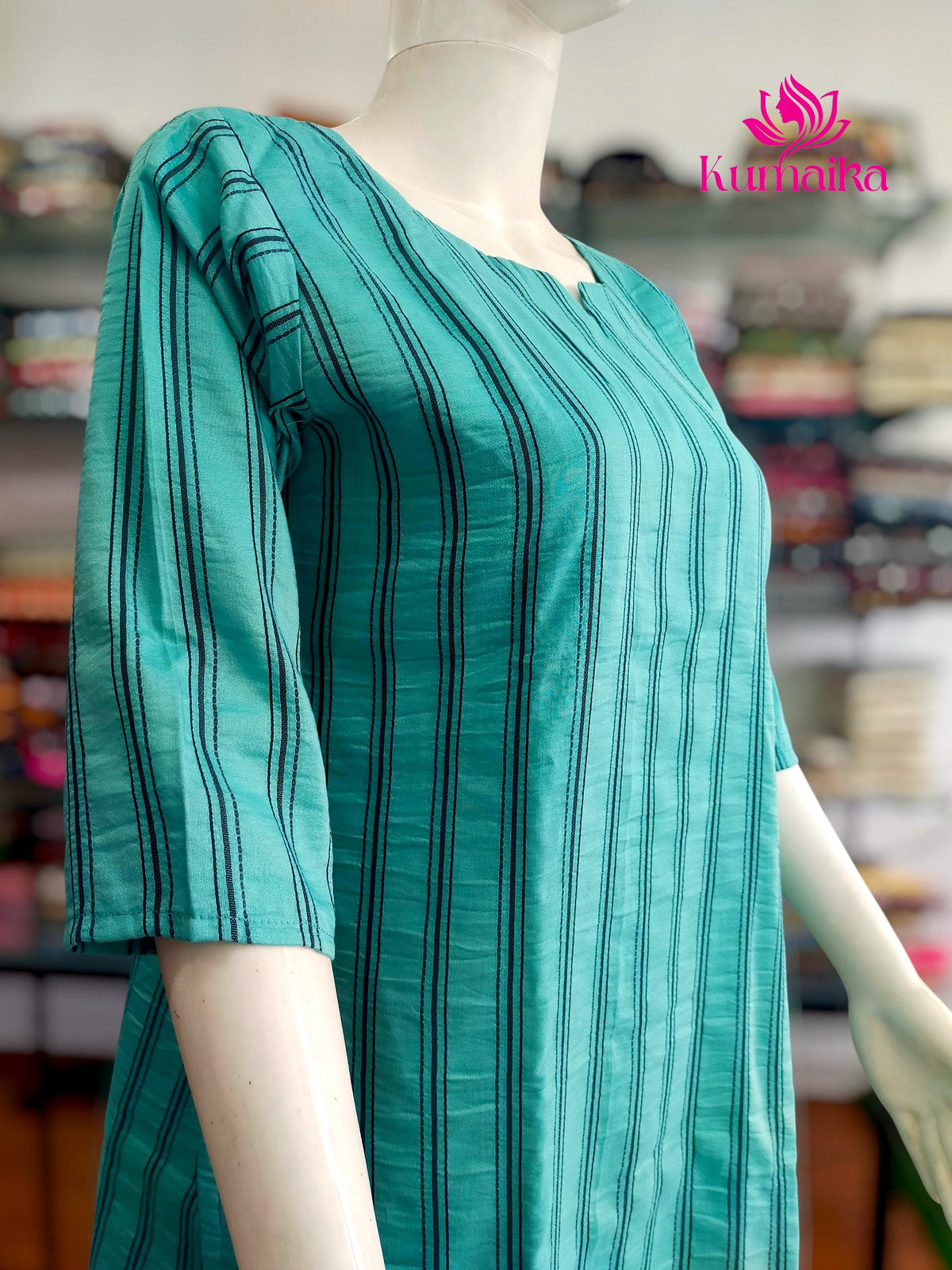 Teal Green Striped Straight Kurta