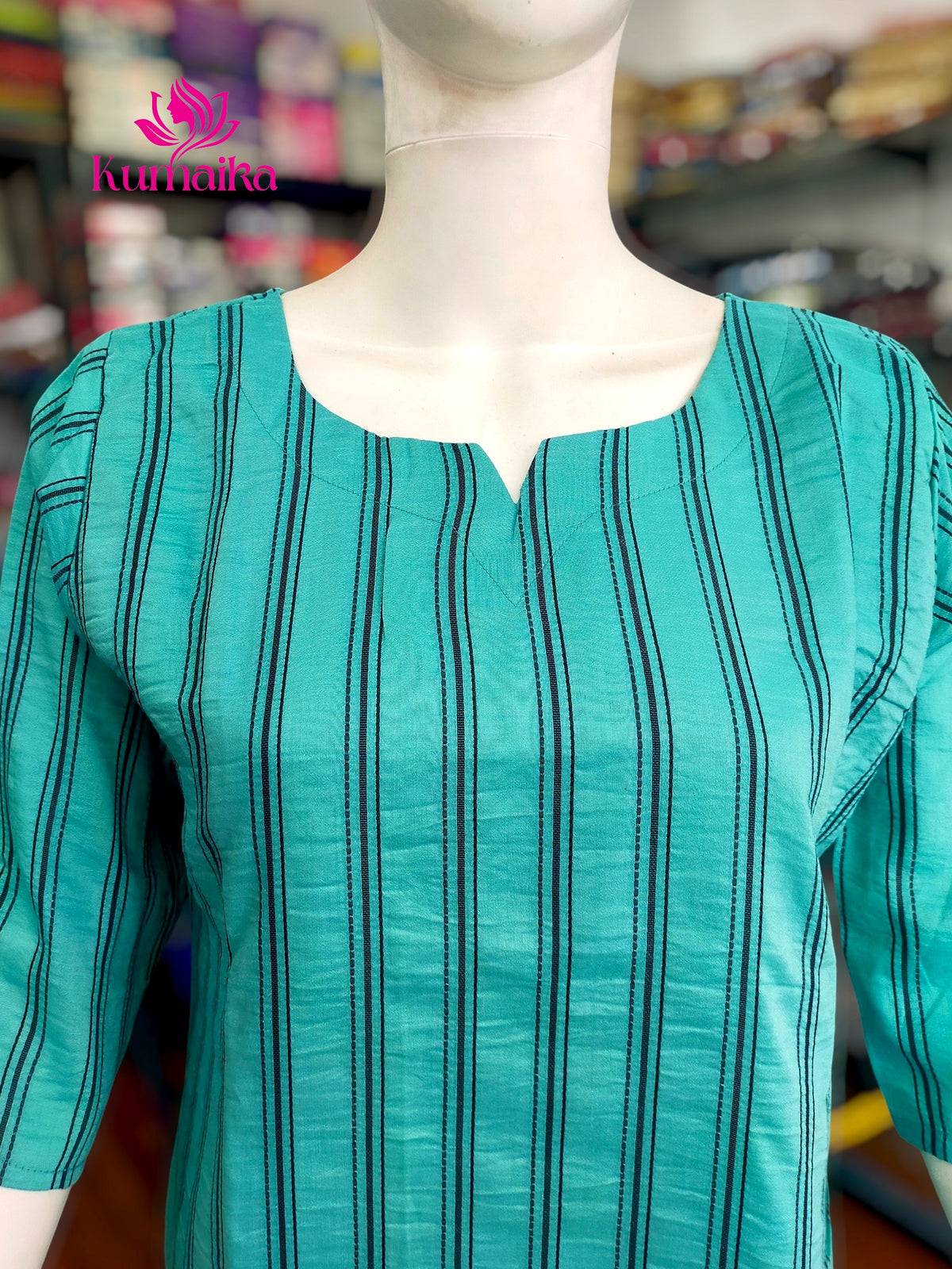 Teal Green Striped Straight Kurta