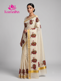 Traditional Kerala Kasavu Saree with Mural Art Peacock Feather & Flute