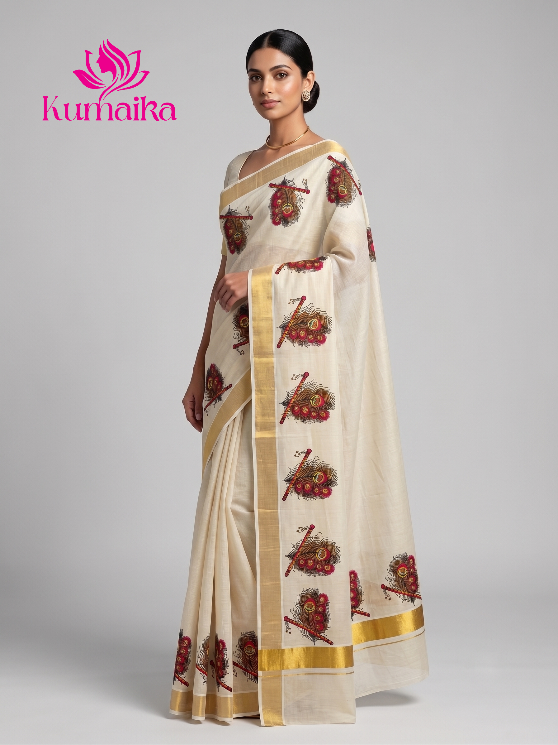 Traditional Kerala Kasavu Saree with Mural Art Peacock Feather & Flute
