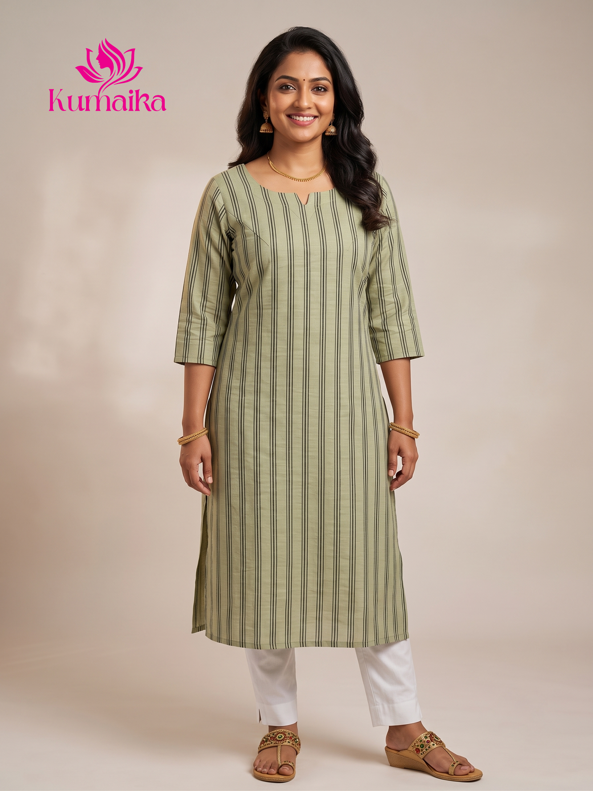 Muted Light Green Striped Straight Kurta