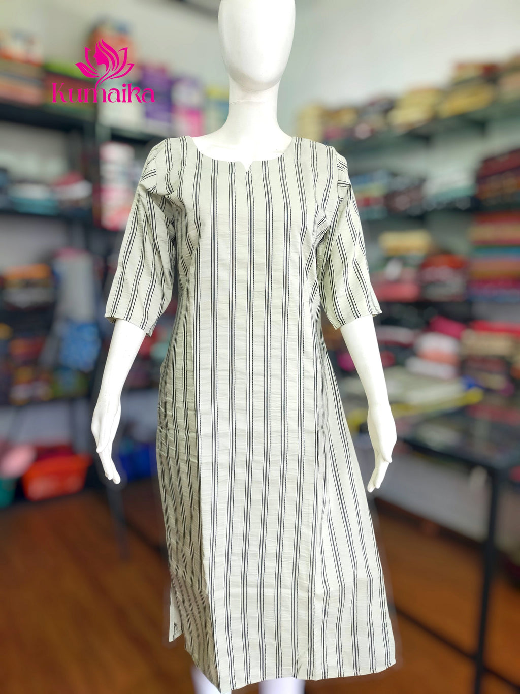Muted Light Green Striped Straight Kurta
