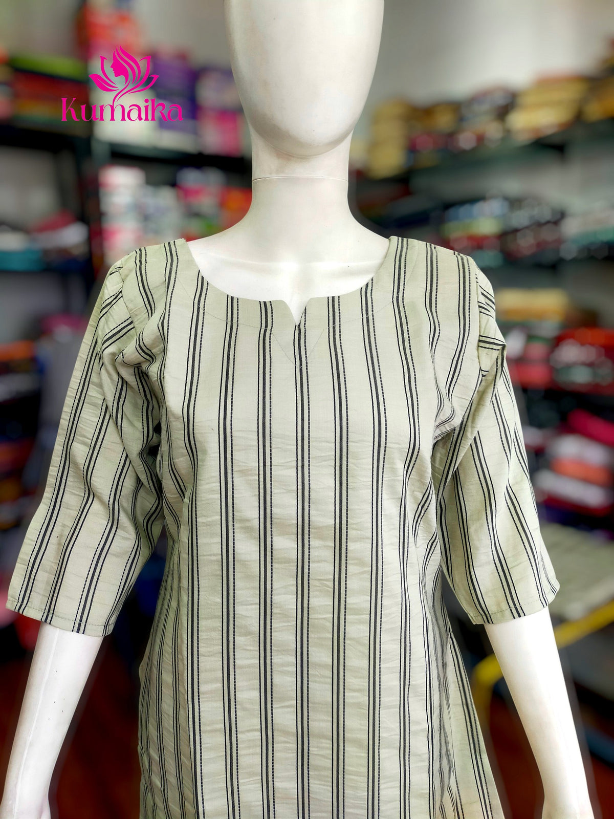 Muted Light Green Striped Straight Kurta