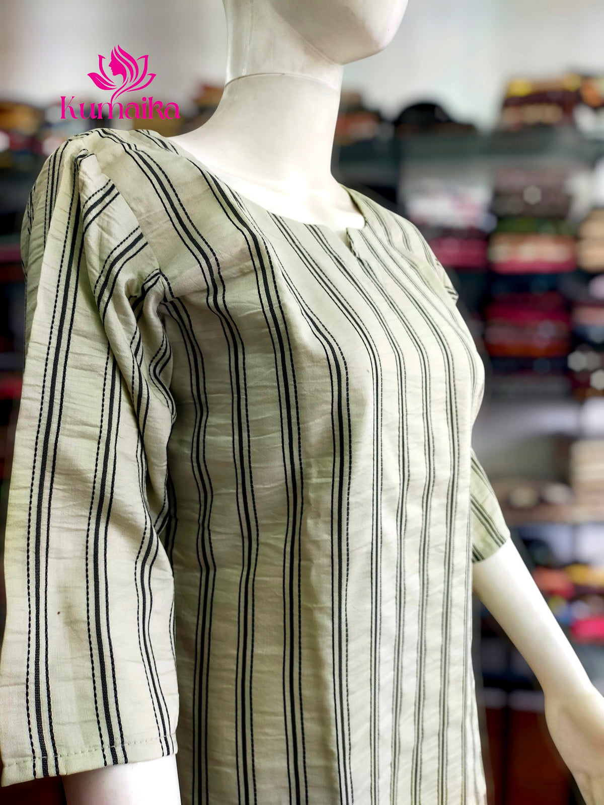 Muted Light Green Striped Straight Kurta