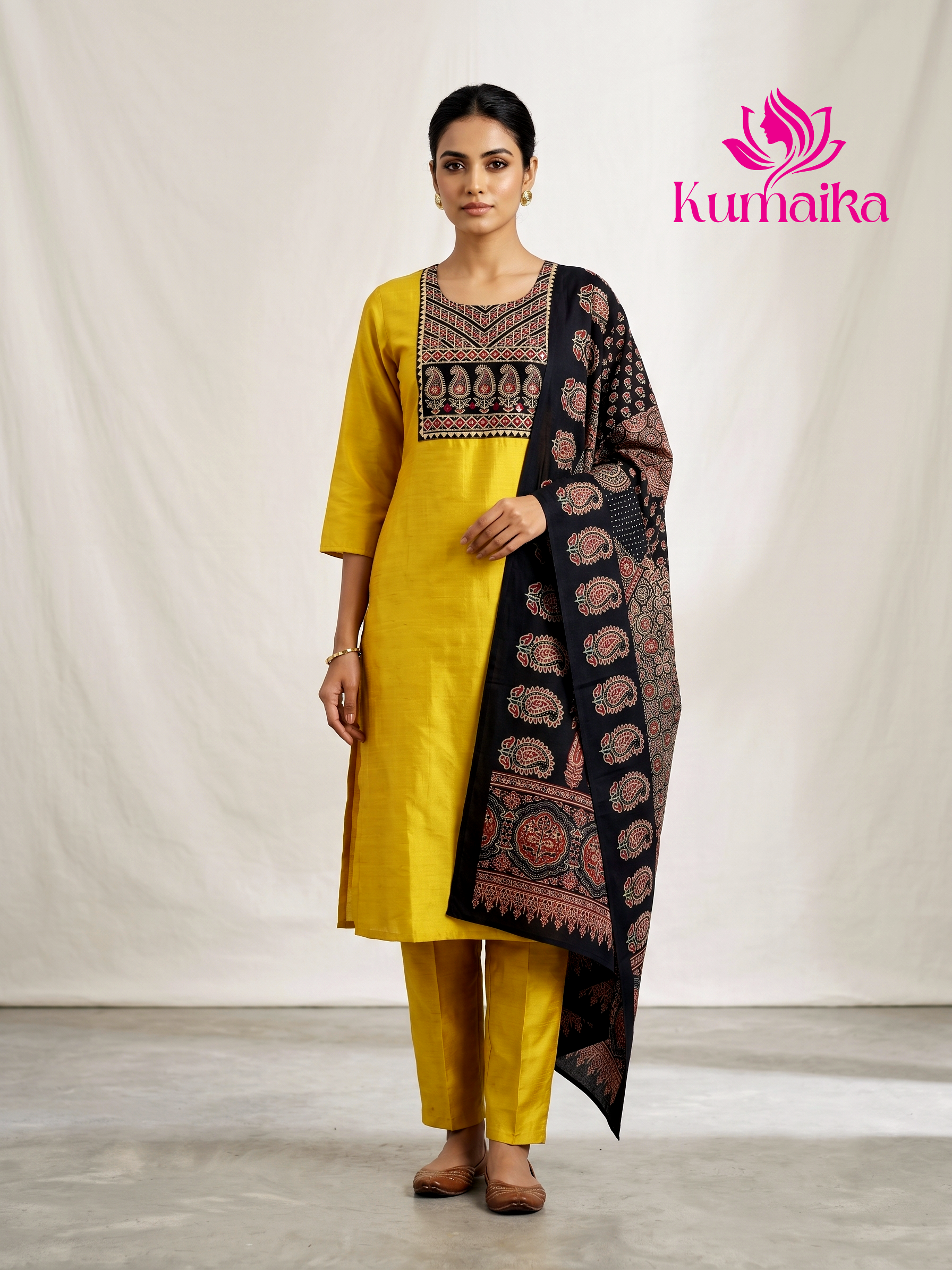 Mustard Yellow Embroidered Kurta Set with Ajrakh Print Dupatta