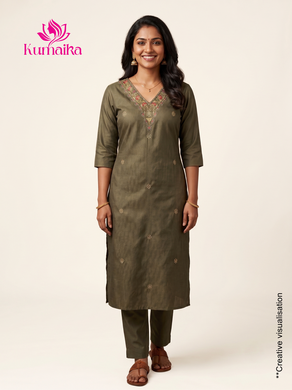 Elegant Olive Green Embroidered V-Neck Kurti