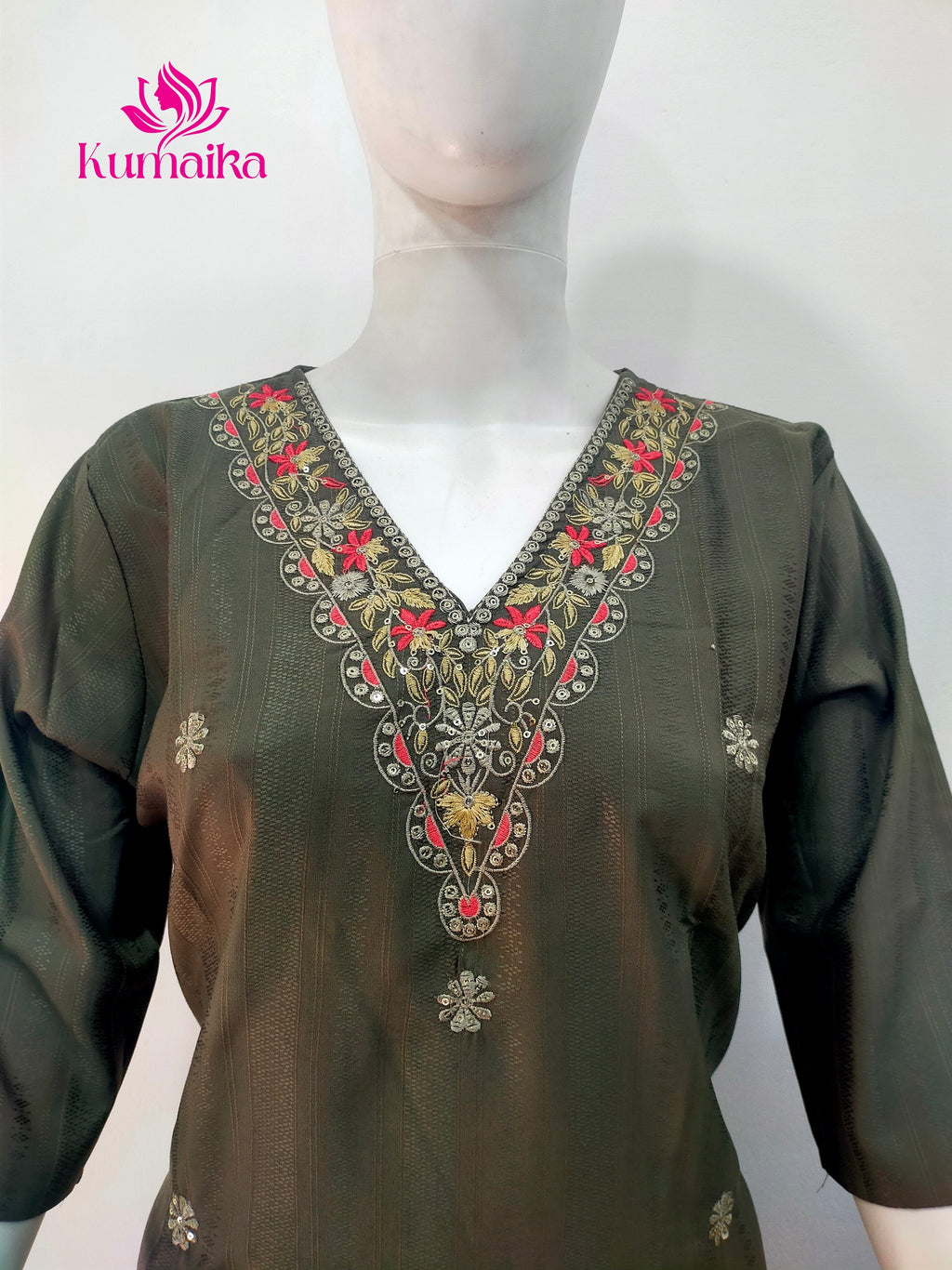 Elegant Olive Green Embroidered V-Neck Kurti