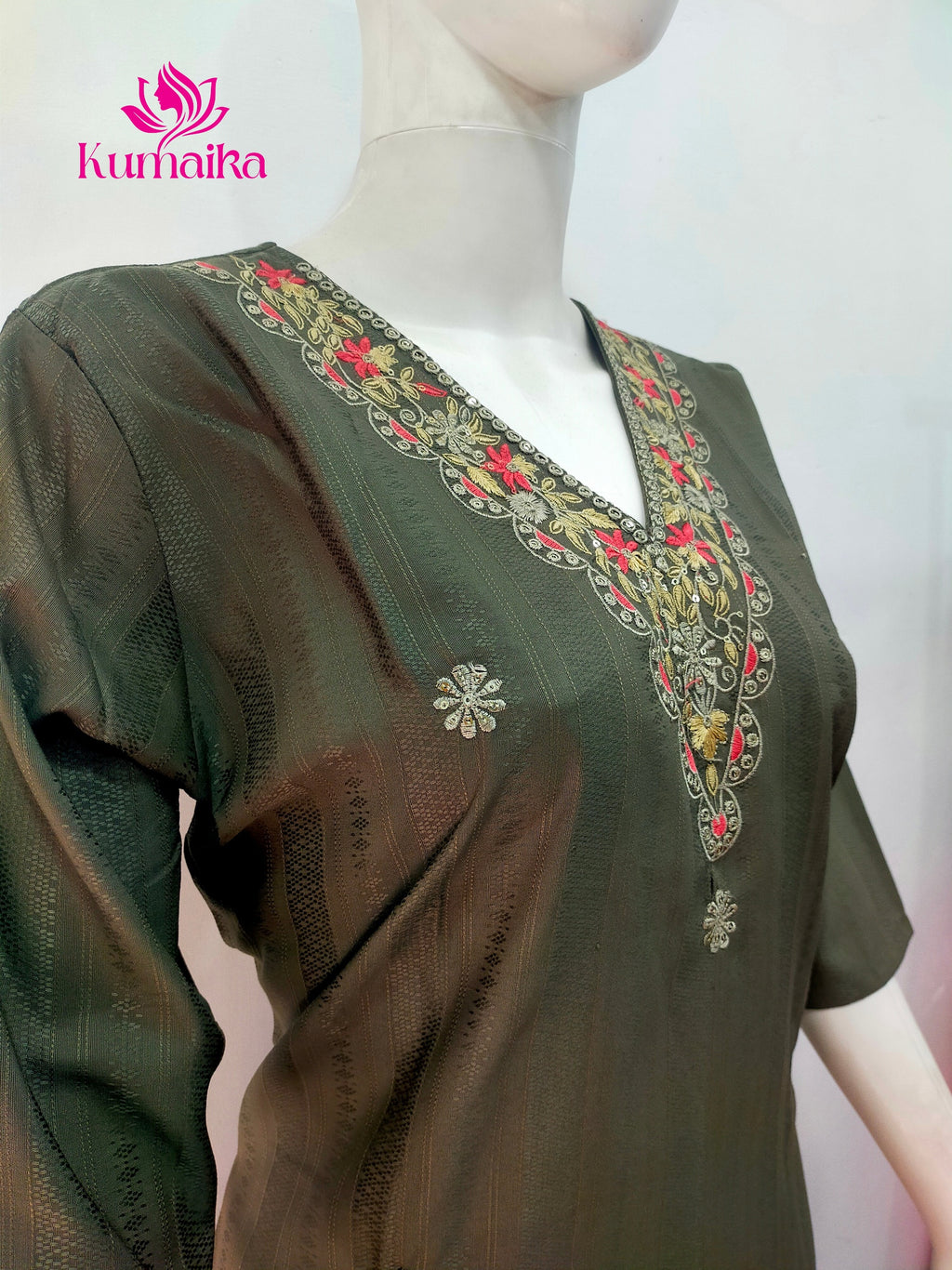 Elegant Olive Green Embroidered V-Neck Kurti