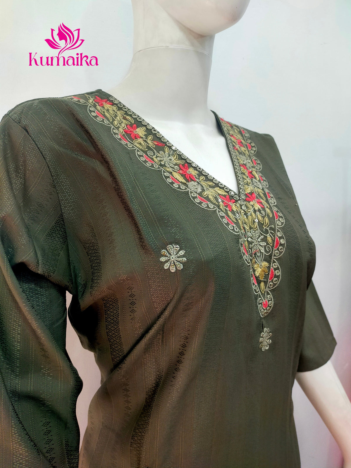 Elegant Olive Green Embroidered V-Neck Kurti