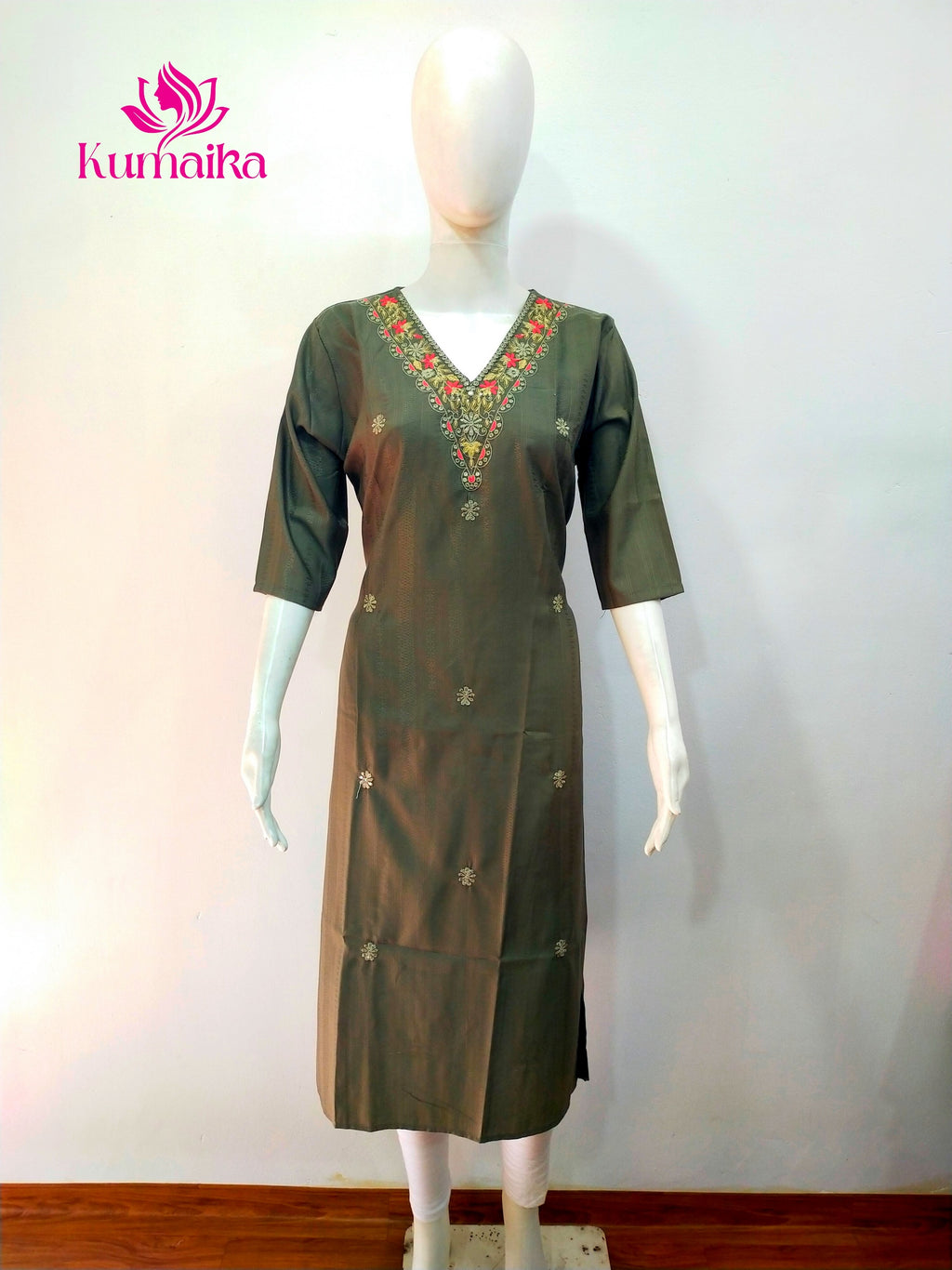 Elegant Olive Green Embroidered V-Neck Kurti