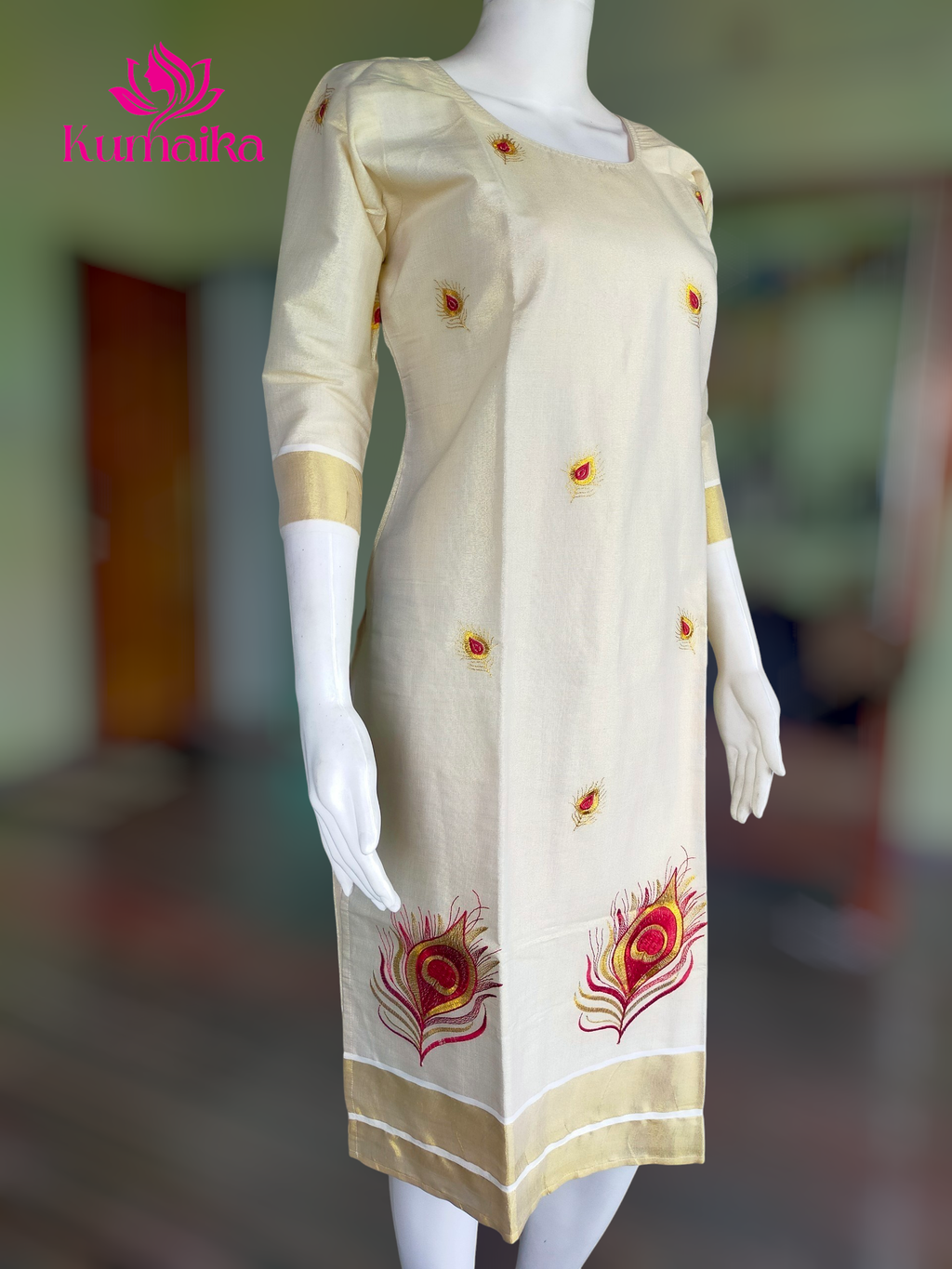 Elegant Peacock Feather theme Kasavu Kurta
