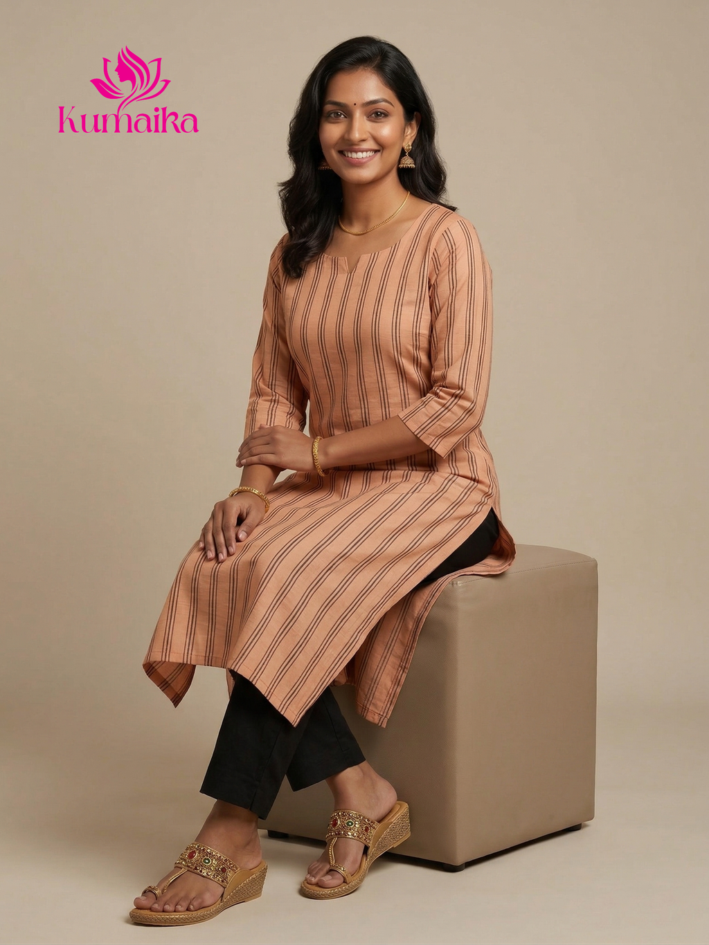 Warm Peach Terracotta Striped Straight Kurta