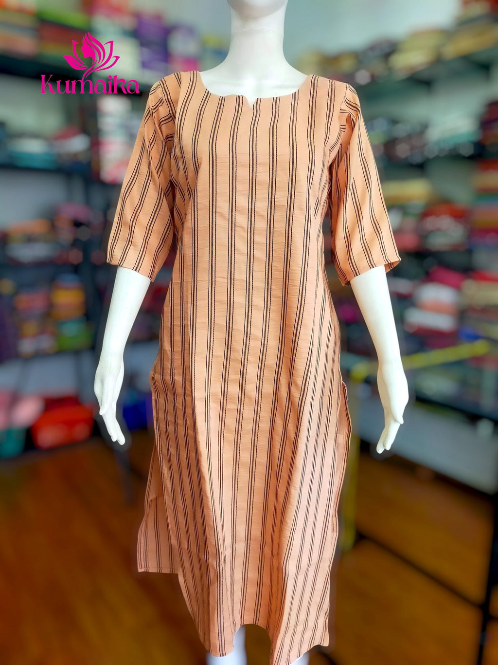 Warm Peach Terracotta Striped Straight Kurta